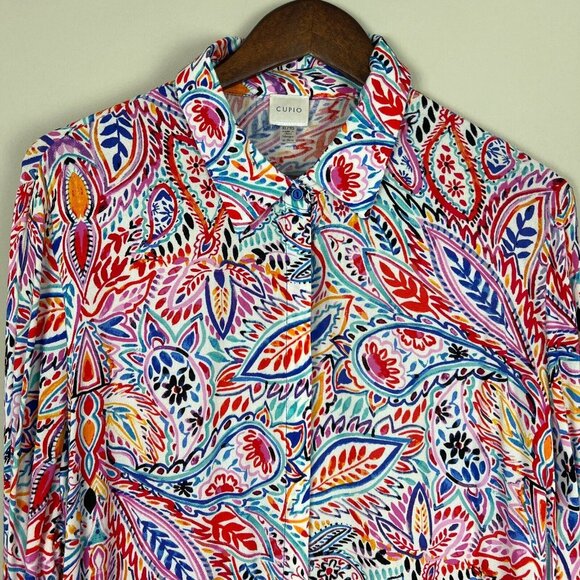 Cupio Tunic Top Womens XL Colorful Multicolor Floral Button Up 3/4‎ Sleeve Shirt - Picture 3 of 11